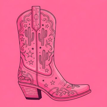 A vibrant pink cowboy boot, adorned with decorative patterns and cactus designs, standing tall against a pink backdrop