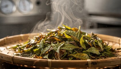 Partial oxidation process highlighted as tea leaves rest in controlled humidity capturing subtle color changes and aroma development during tea flavor maturation.
