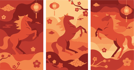 Vibrant collection of three spirited horses celebrating the festive Chinese New Year tradition