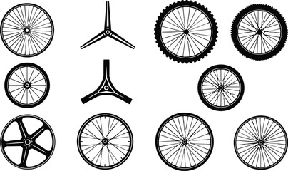 Assortment Of Bicycle Wheels And Cranksets Silhouettes On White Background bike cycling