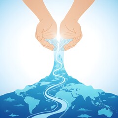 Hands Pouring Life-Giving Water onto a World Map for Global Sustainability