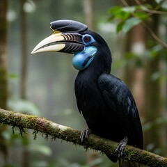 A vibrant portrait of a large, exotic bird with a distinctive large beak, sitting on a mossy branch in a forest