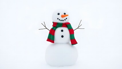 Fototapeta premium Smiling snowman with red green scarf, orange carrot nose, coal buttons, and stick arms, winter day