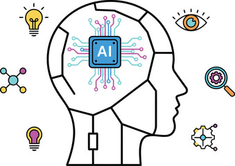 Innovative artificial intelligence thinking process depicted by a human head with a central microchip