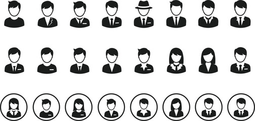 Obraz premium Collection of black and white business person avatar icons with different hairstyles and attire profile
