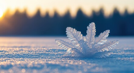 Crystalline Hoar Frost Structure Illuminated By Golden Sunlight On Frozen Ground