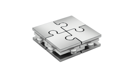 Metal Puzzle Pieces Assembled on White Background