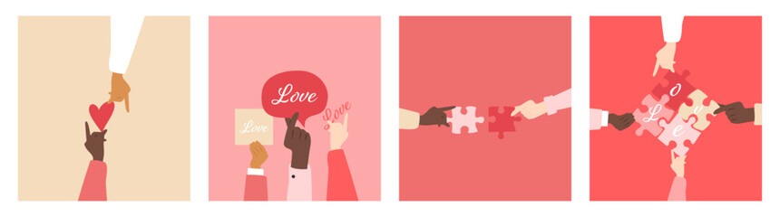 Hands holding hearts, puzzles, and the love sign. Set of cards. 