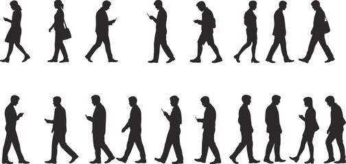 Diverse group of people silhouettes walking and using mobile phones on white background smartphone