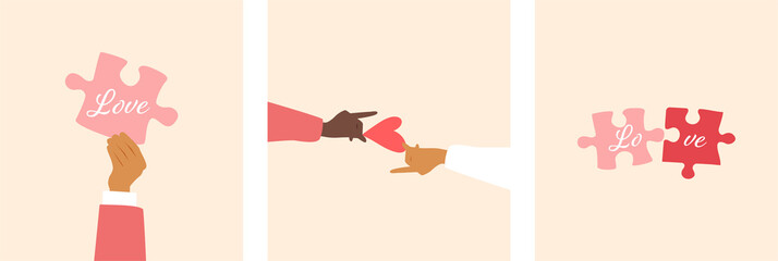 Set of cards depicting hands holding hearts and puzzles. Puzzles with the sign of love. Modern colourful design.