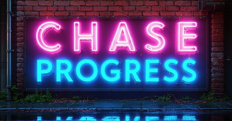 Obraz premium Bright neon sign displays Chase Progress against brick wall. Dark background emphasizes glowing text, creating vibrant urban scene.