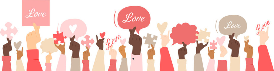 Set of different hands holding hearts, love sign, and puzzles.