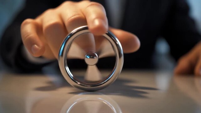 Close Up Of Human Hand Rotating Metallic Gyroscope Spinning On Table