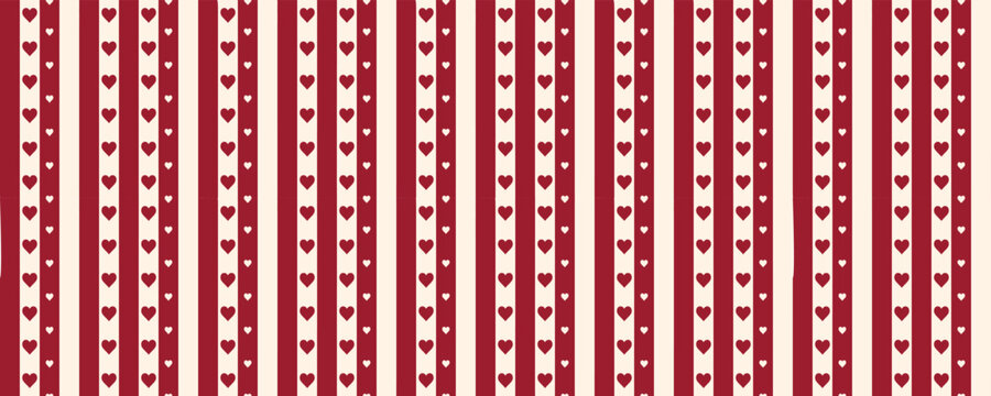 Red striped background with hearts in pink tones. Seamless love pattern perfect for Valentine greeting cards, wedding invitations, and gifts.