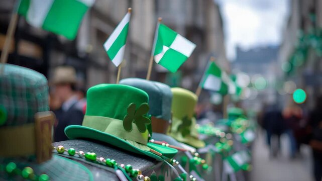 Green Saint Patrick Day hats with shamrock decorations and Irish flags lined on city street creating festive parade celebration atmosphere