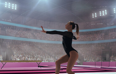 Female gymnast on professional gymnasts arena.