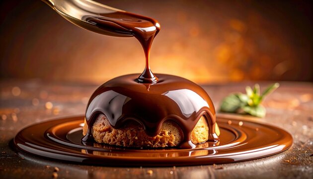 A golden spoon drizzles glossy melted chocolate over a small domeshaped cake which sits in a pool of sauce on a plate