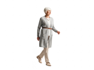 Senior woman walking forward, isolated on transparent background
