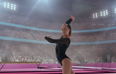 Female gymnast on professional gymnasts arena.