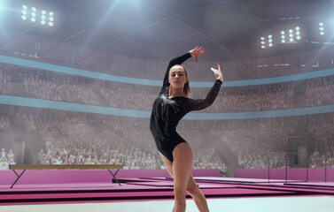 Female gymnast on professional gymnasts arena.