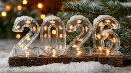 Year number 2026 with glowing lights on snow and pine background during winter season in a festive setting