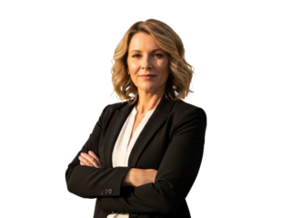 Portrait of a mature businesswoman with wavy blonde hair in a black blazer and white top, arms crossed, looking directly at the camera, isolated on transparent background