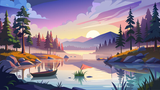 Very beautiful peaceful beginning of a new day on a secluded lake in northern Wisconsin, featuring calm water, soft morning light, misty atmosphere, and untouched north woods serenity.