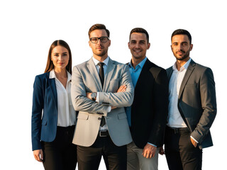Group of four diverse business professionals standing together with arms crossed, isolated on transparent background