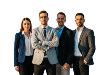 Group of four diverse business professionals standing together with arms crossed, isolated on transparent background