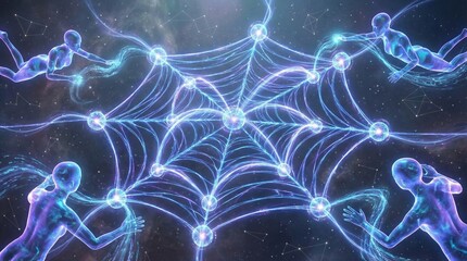 Networking web connecting holographic people with glowing information flow