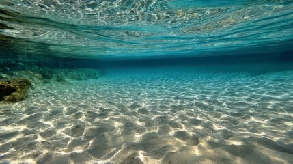 Submerged view capturing the ocean's depths, sunlight dances on a sandy seabed creating mesmerizing patterns with turquoise waters