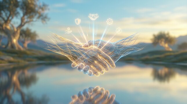 Trust glowing hands meeting over landscape with business icons radiating