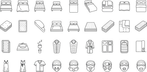 Hotel room amenities and accommodation outline vector set featuring beds, pillows, towels, bathrobes, toiletries, and housekeeping items isolated on white background for hospitality and travel design