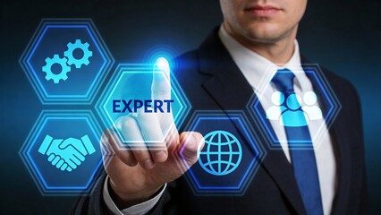 Confident businessman interacting with futuristic expert interface