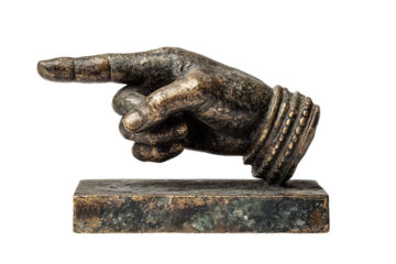 Small antique style bronze pointer hand sculpture on a short rectangular base, index finger pointing right with engraved knuckle details and aged patina isolated on transparent background.
