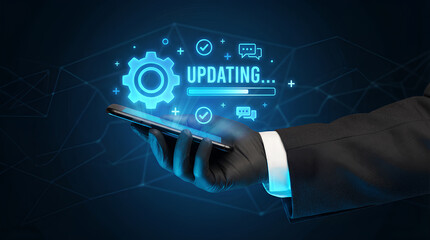 Businessman updating software on smartphone with glowing blue interface