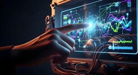 A hand interacting with a futuristic dashboard display showing colorful graphs and charts during a Christmas and Happy New Year celebration with a dark background.