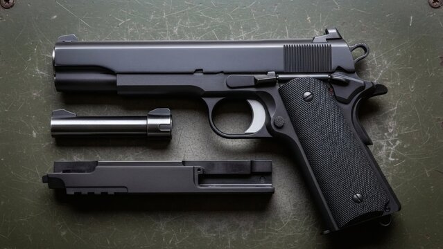 Disassembled 1911 Pistol on Green Precision with Detail.