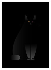 Minimalist illustration of a black cat sitting against a dark background. Modern flat design, simple geometric shapes, clean style. Perfect for posters, prints, Halloween decor