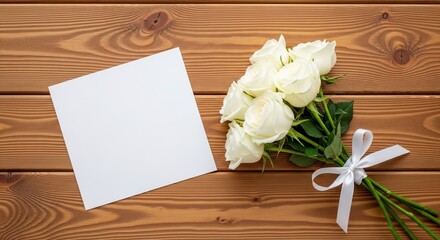 Blank greeting card with white roses on wooden table, elegant floral still life for wedding, anniversary, sympathy message, romantic stationery concept
