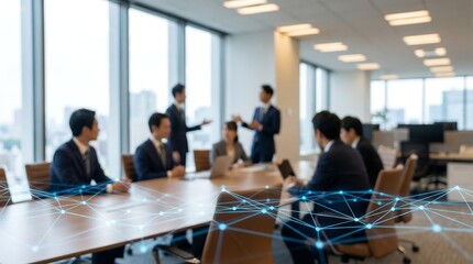 Business professionals networking in modern office with digital connections