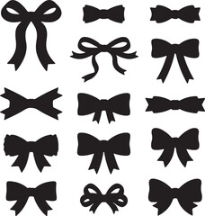 Assortment of black bow silhouettes in various styles and sizes, gift wrapping, decoration, and bows also transparent background