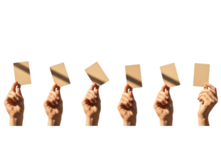 Six hands holding blank brown cardboard pieces in a row, isolated on transparent background