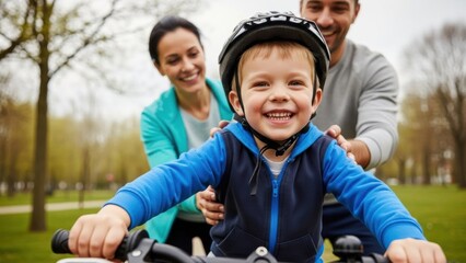 Happy child on bicycle with woman and man parents helping. Learning to ride bike, family support, outdoor activity concept for childhood.