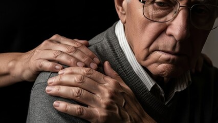 Woman supporting sad senior man. Elder man feeling depressed and anxious. Concept of empathy, care, grief, and mental health for older people.