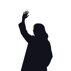 Black silhouette illustration of a woman raising her hand, isolated on white background, symbolizing confidence, leadership, participation, empowerment, and minimal modern design