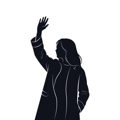 Black silhouette illustration of a woman raising her hand, isolated on white background, symbolizing confidence, leadership, participation, empowerment, and minimal modern design