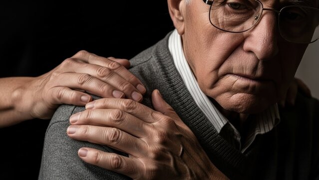 Woman supporting sad senior man. Elder man feeling depressed and anxious. Concept of empathy, care, grief, and mental health for older people. - Powered by Adobe