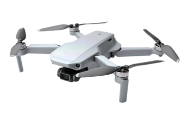 Compact quadcopter drone in matte light gray with partially folded arms and a centered front camera gimbal, clean detailed propellers isolated on transparent background.
