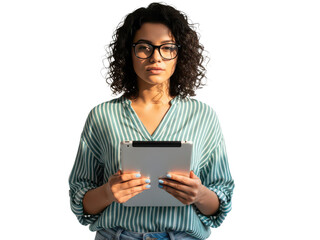 Woman with curly dark hair and glasses holding a digital tablet, wearing a striped green and white blouse isolated on transparent background